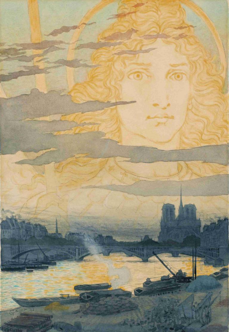 Sainte Geneviève Veillant Sur Paris,Eugène Grasset,Illustration,Illustration, watercraft, boat, solo, cloud