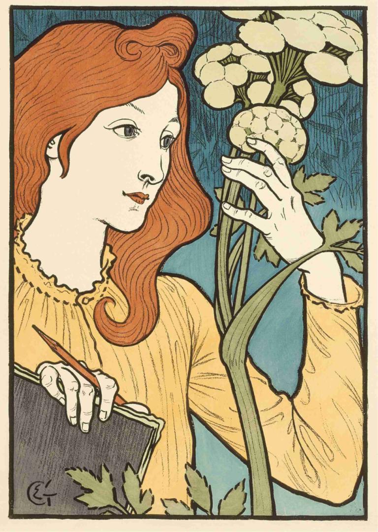 Salon des Cent,サロン・デ・サン,Eugène Grasset,ウジェーヌ・グラッセ,イラスト,イラスト, 1女の子, 花, ソロ, 白い花, ホールディング, 本, 上半身, 長袖, 美術パロディ