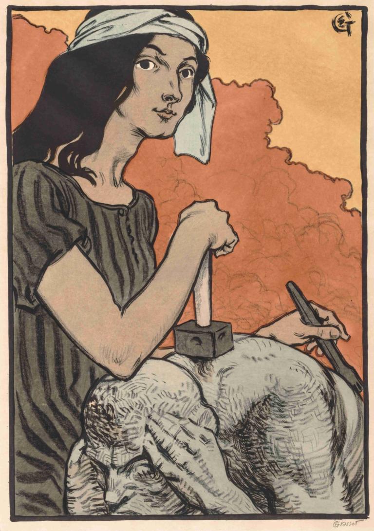 Sculptress,Skulptør,Eugène Grasset,Eugene Grasset,Illustrasjon,Illustrasjon, 1 jente, kunstparodi, svart hår