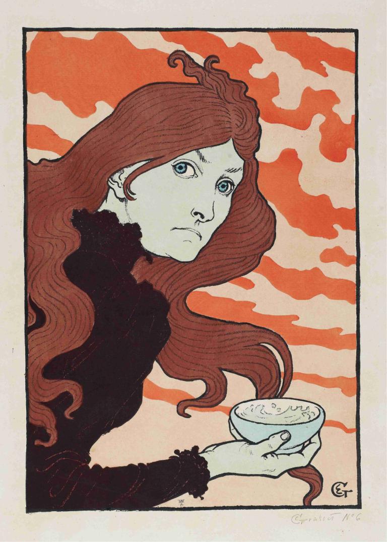 Vitrioleuse (The Acid Thrower),Eugène Grasset,Illustration,Illustration, 1girl, solo, long hair, bowl