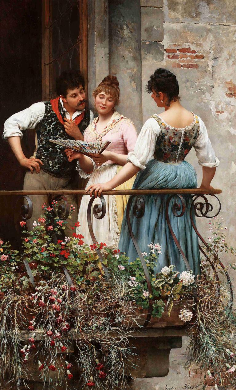 A Favourite Fan,Favori Bir Hayran,Eugen von Blaas,Yağlı boya,Yağlı boya, 1 oğlan, çiçek, siyah saç, elbise