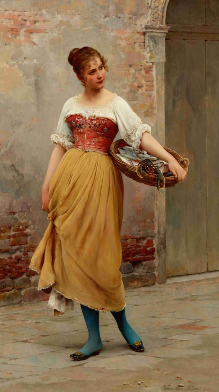 A Good Catch,Eugen von Blaas,Oil Painting,Oil Painting, 1girl, solo, brown hair, hair bun, skirt, basket