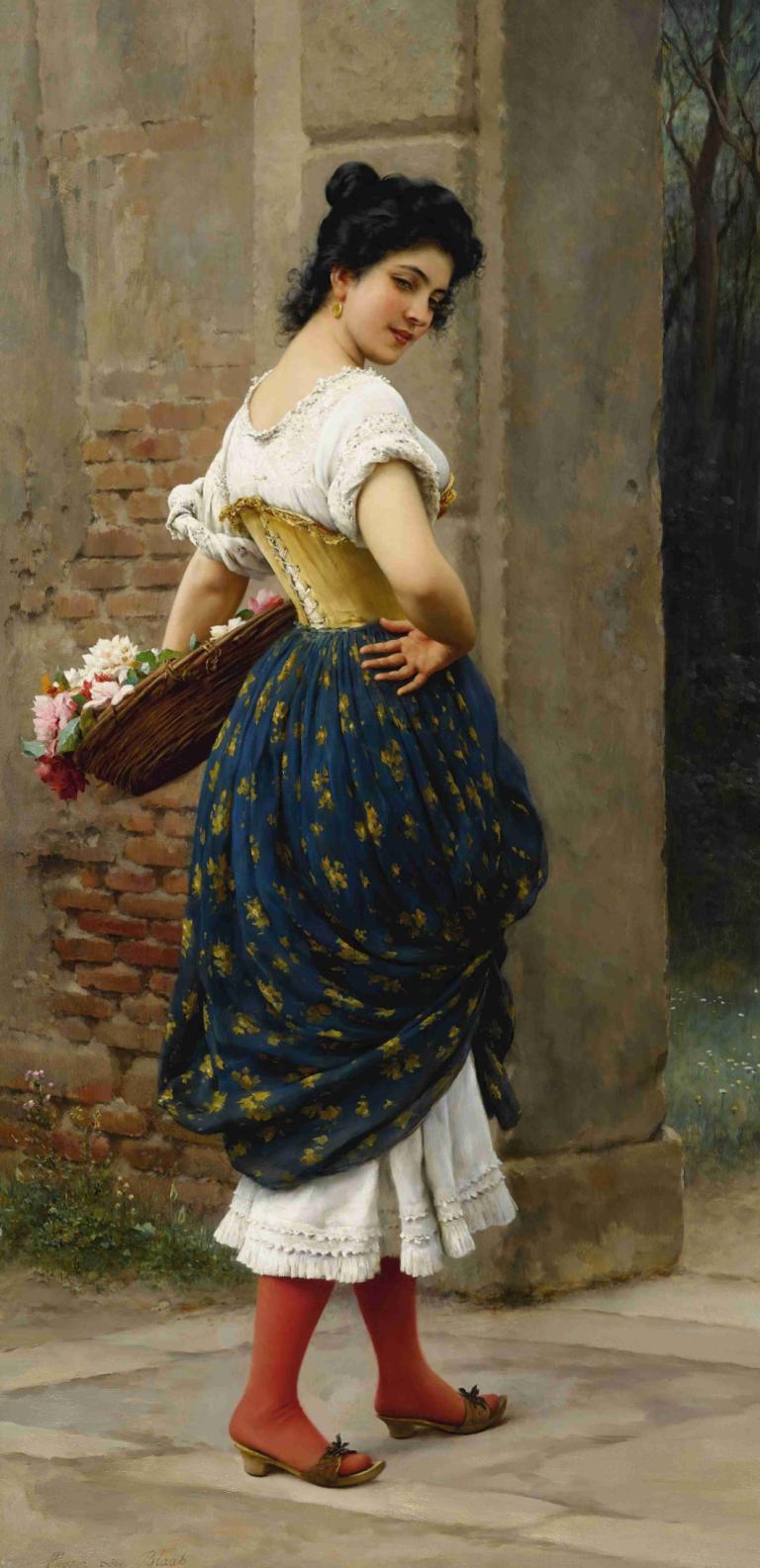 A Maiden With A Basket Of Roses,Eugen von Blaas,Oil Painting,Oil Painting, 1girl, solo, black hair, flower