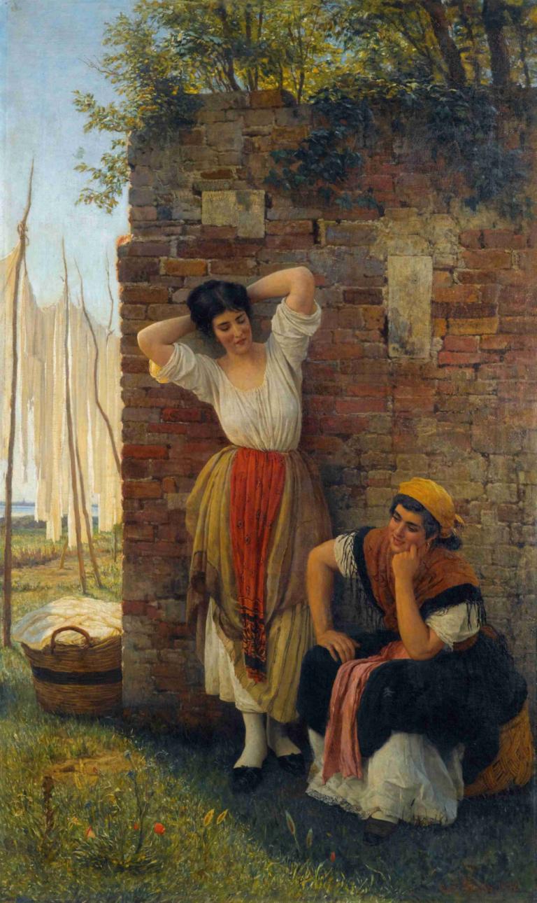 A Moment Of Rest,Bir Anlık Dinlenme,Eugen von Blaas,Yağlı boya,Yağlı boya, siyah saç, açık havada, 1kız