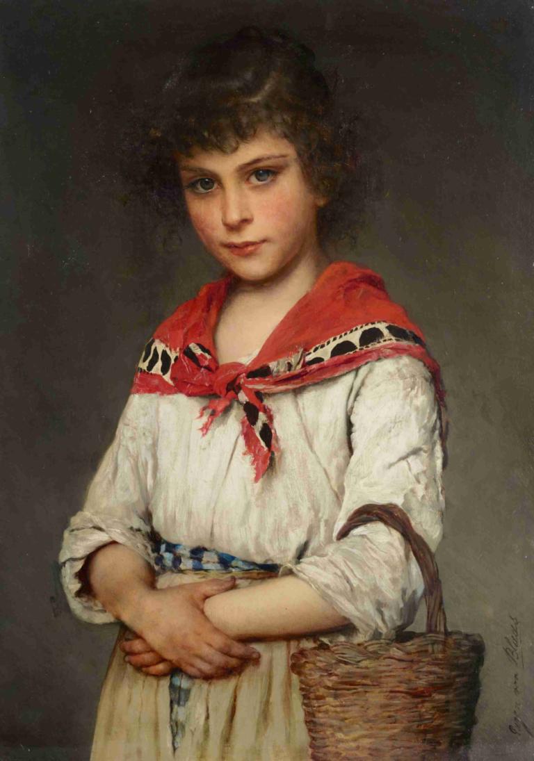 A Neapolitan Girl,Eugen von Blaas,Oil Painting,Oil Painting, solo, 1girl, basket, brown hair