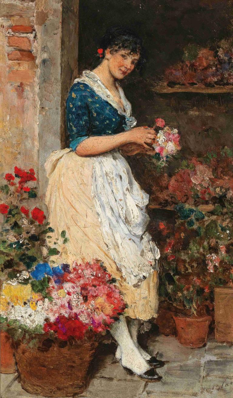 A Venetian Flower Girl,Eugen von Blaas,Oil Painting,Oil Painting, 1girl, solo, flower, black hair, holding