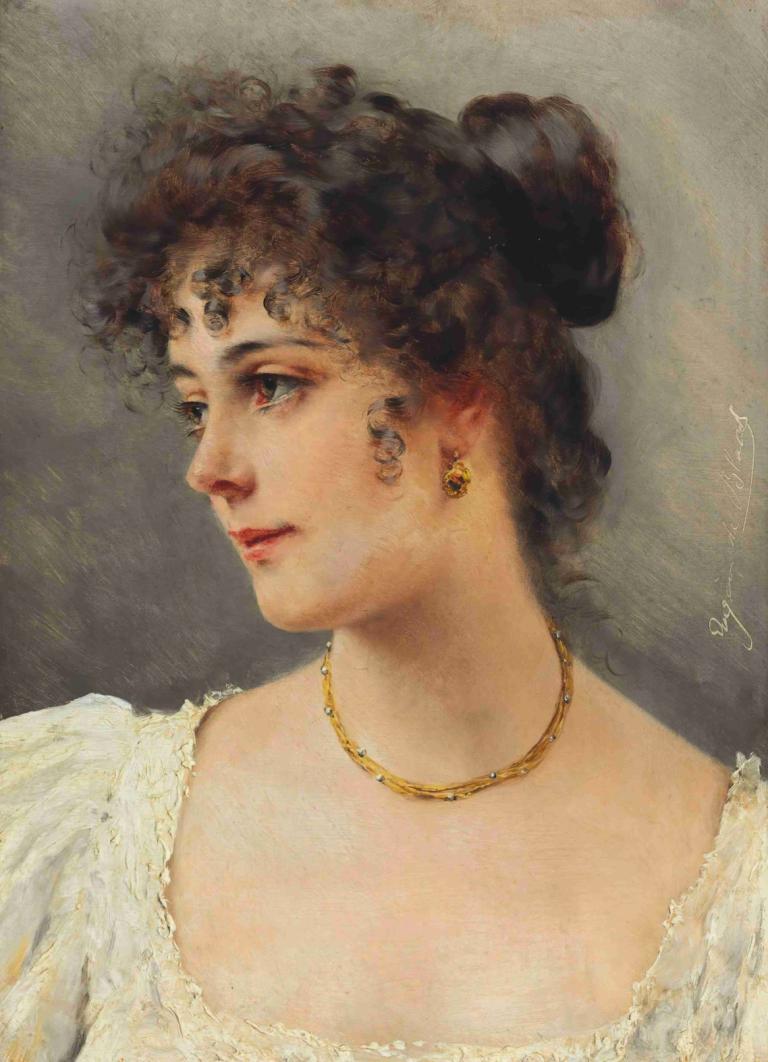 A Young Beauty,Μια νεαρή ομορφιά,Eugen von Blaas,Ελαιογραφία,Ελαιογραφία, 1 κορίτσι, μονοφωνία, κοσμήματα