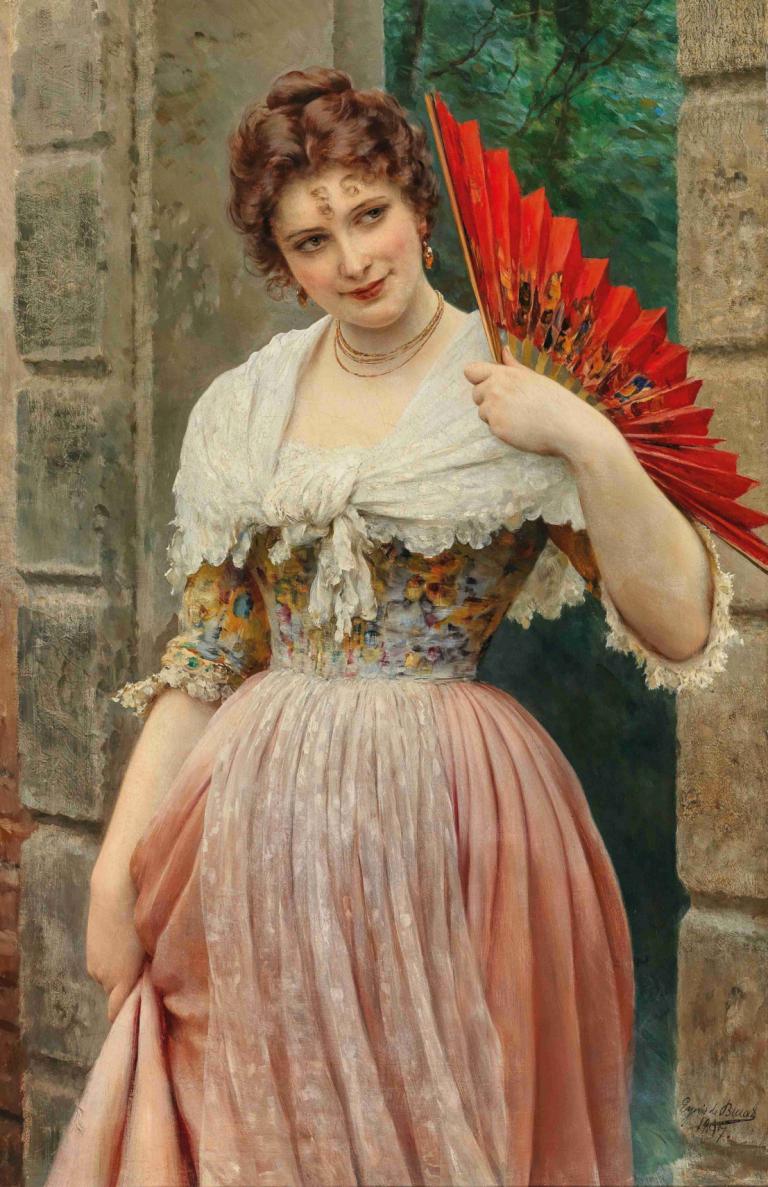 A Young Lady with a Red Fan,Een jonge vrouw met een rode waaier,Eugen von Blaas,Olieverf,Olieverf, 1meisje