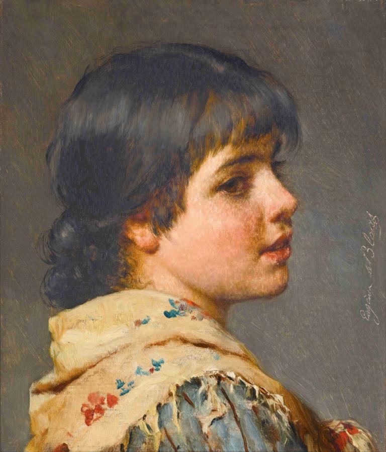 A venetian girl,En venetiansk flicka,Eugen von Blaas,Oljemålning,Oljemålning, solo, 1 tjej, profil, svart hår