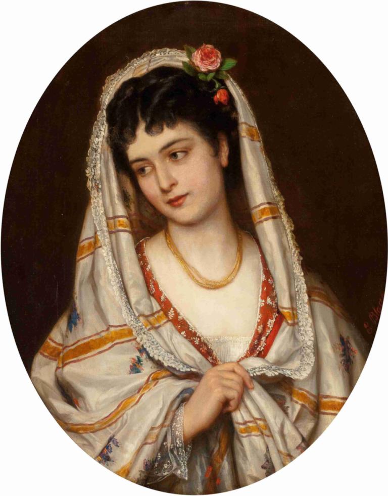 A young Italian beauty,En ung italiensk skönhet,Eugen von Blaas,Oljemålning,Oljemålning, 1 tjej, solo, blomma