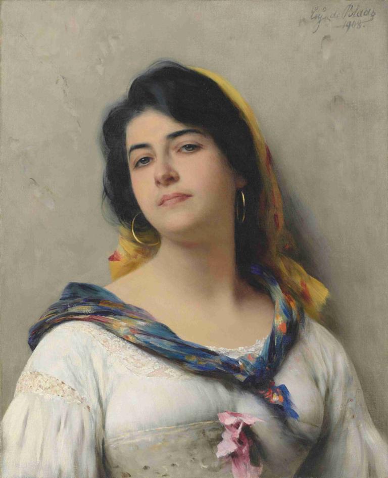 A young beauty,Una joven belleza,Eugen von Blaas,Pintura al óleo,Pintura al óleo, 1 chica, solo, joyas