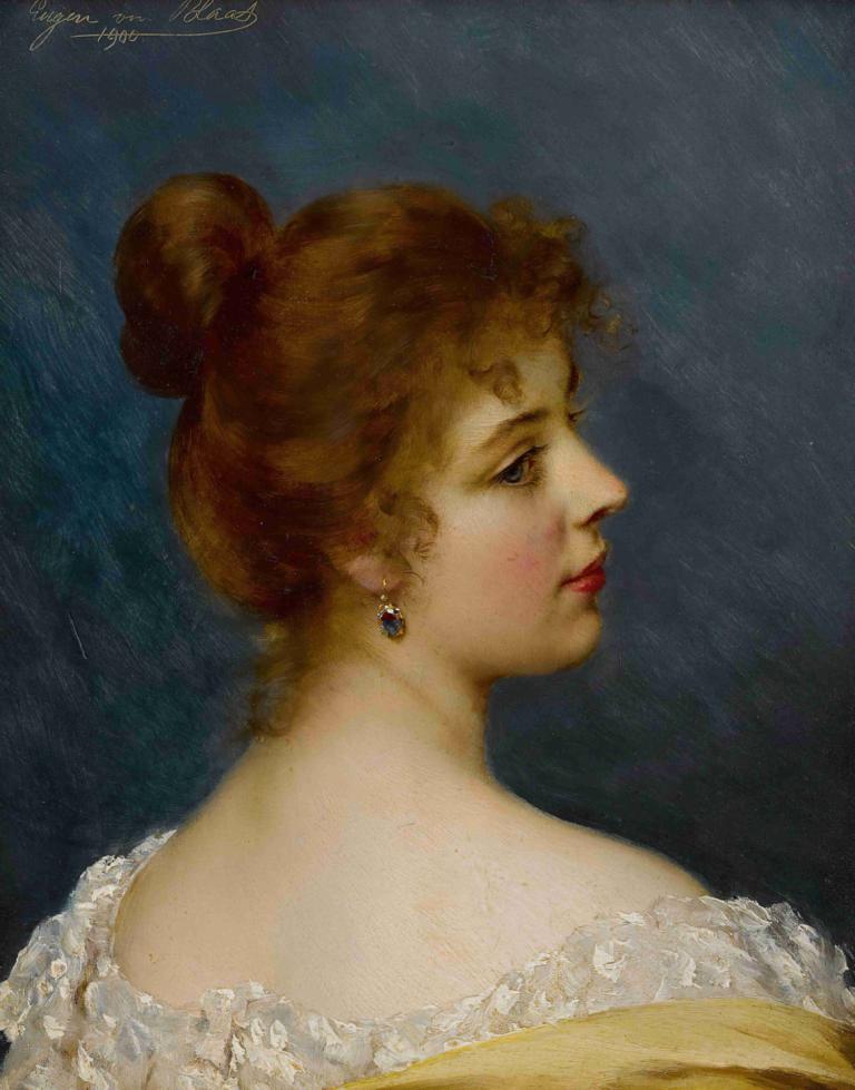 An italian Beauty,Eugen von Blaas,Oil Painting,Oil Painting, 1girl, solo, jewelry, earrings, hair bun