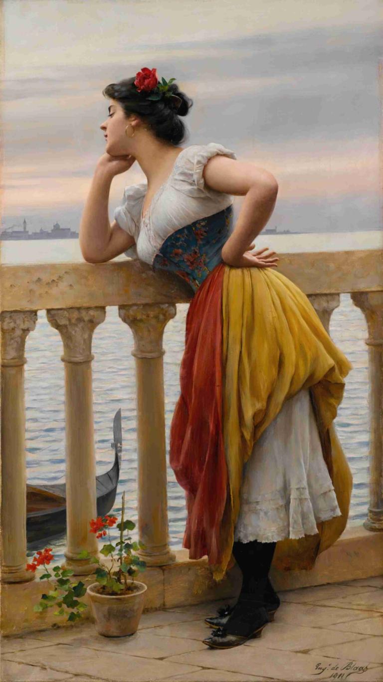 Anticipation,期待,Eugen von Blaas,尤金·馮·布拉斯,油畫,油畫, 1個女孩, 花, 獨奏, 髮飾, 黑髮, 髮花, 船隻, 欄桿, 手放在臀部, 美術模仿, 黑色鞋類, 海洋, 船, 裙子