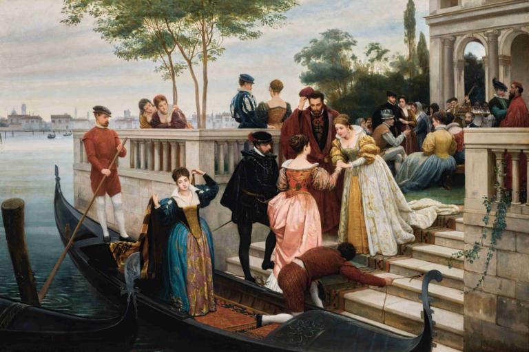 Arriving For The Ball, Murano,무도회 도착, 무라노,Eugen von Blaas,유겐 폰 블라스,오일 페인팅,오일 페인팅, 선박, 여러 소년, 보트, 여러 여자, 드레스