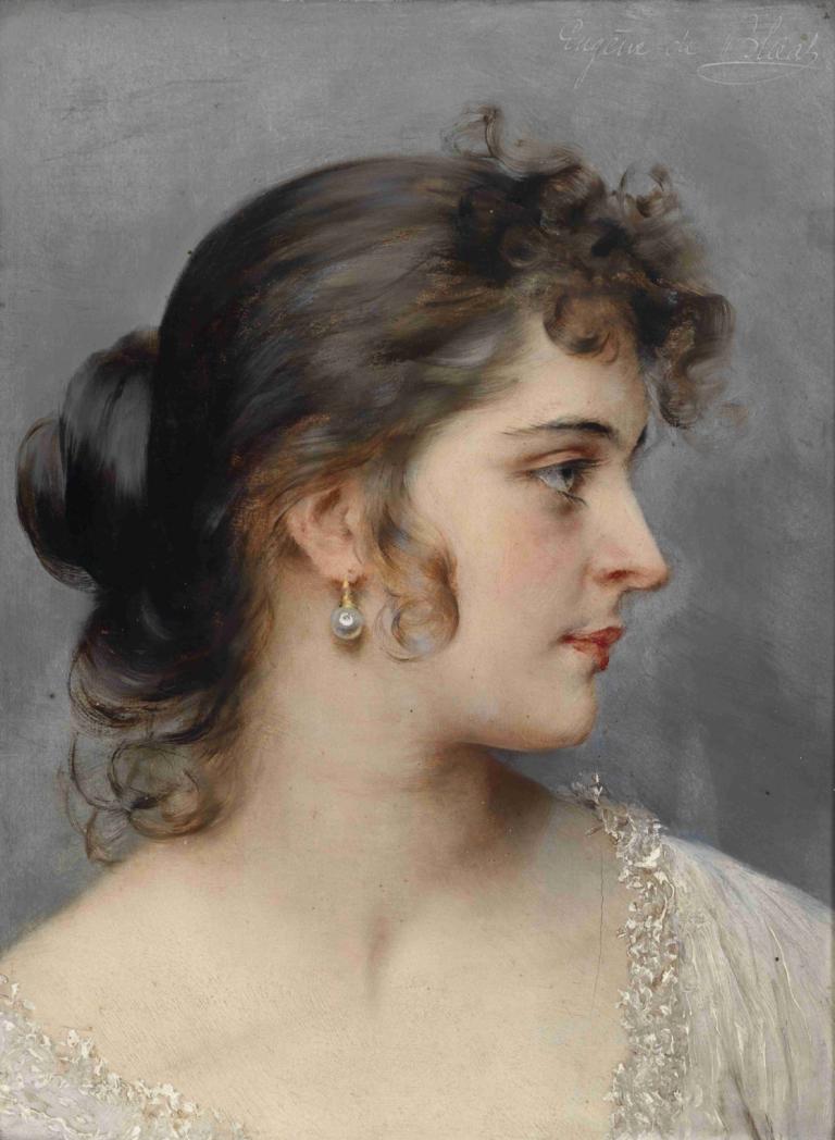 Bildnis einer Dame,女士肖像,Eugen von Blaas,欧根-冯-布拉斯,油画,油画, 1个女孩, 独奏, 珠宝, 耳环, 轮廓, 棕色的头发, 裙子, 发髻, 白色礼服, 实际的, 上半身