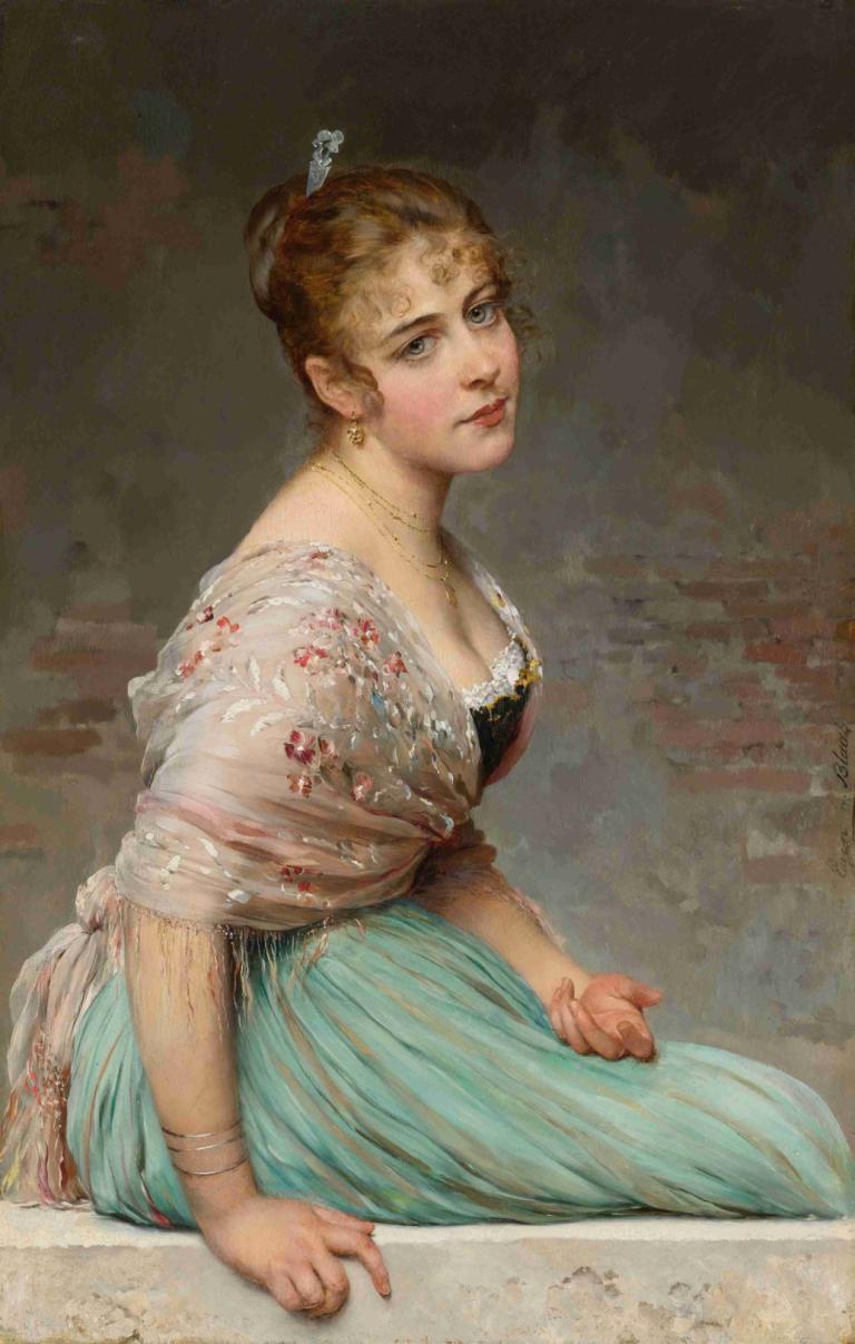 Contemplation,Overvejelse,Eugen von Blaas,Oliemaleri,Oliemaleri, 1 pige, smykker, solo, øreringe, halskæde