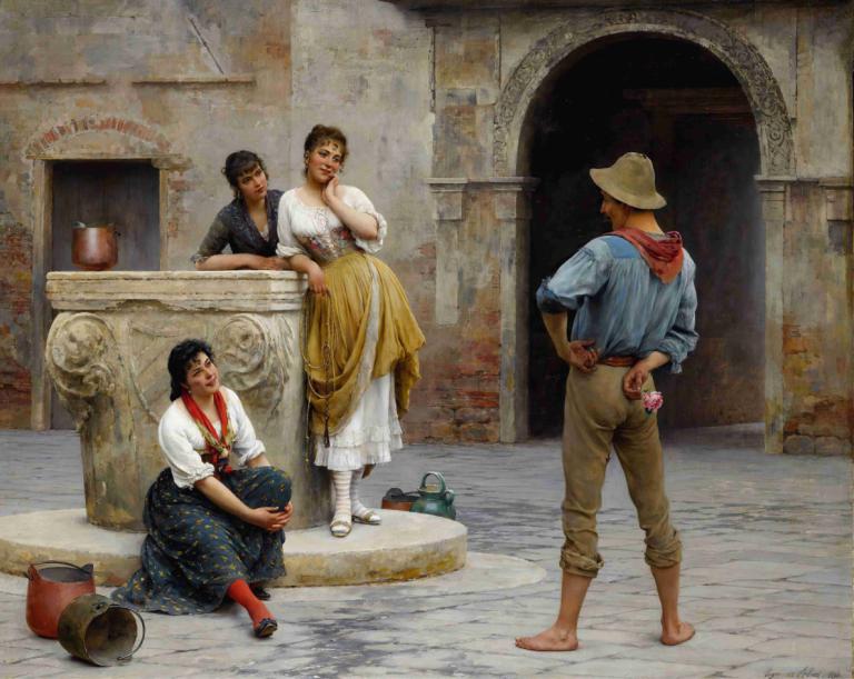 Flirtation,Flirtanje,Eugen von Blaas,Oljna slika,Oljna slika, likovna parodija, več fantov, parodija, klobuk