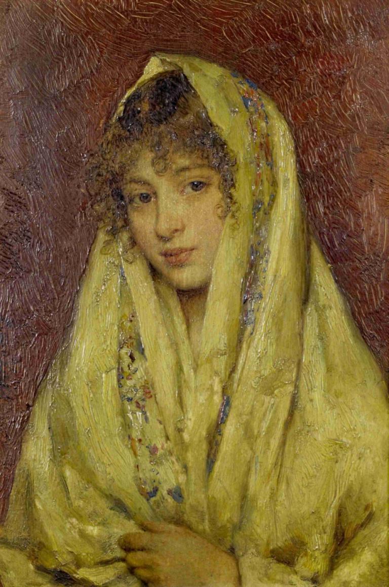 Girl In A Yellow Shawl,Meisje in een gele sjaal,Eugen von Blaas,Olieverf,Olieverf, solo, mannelijke focus