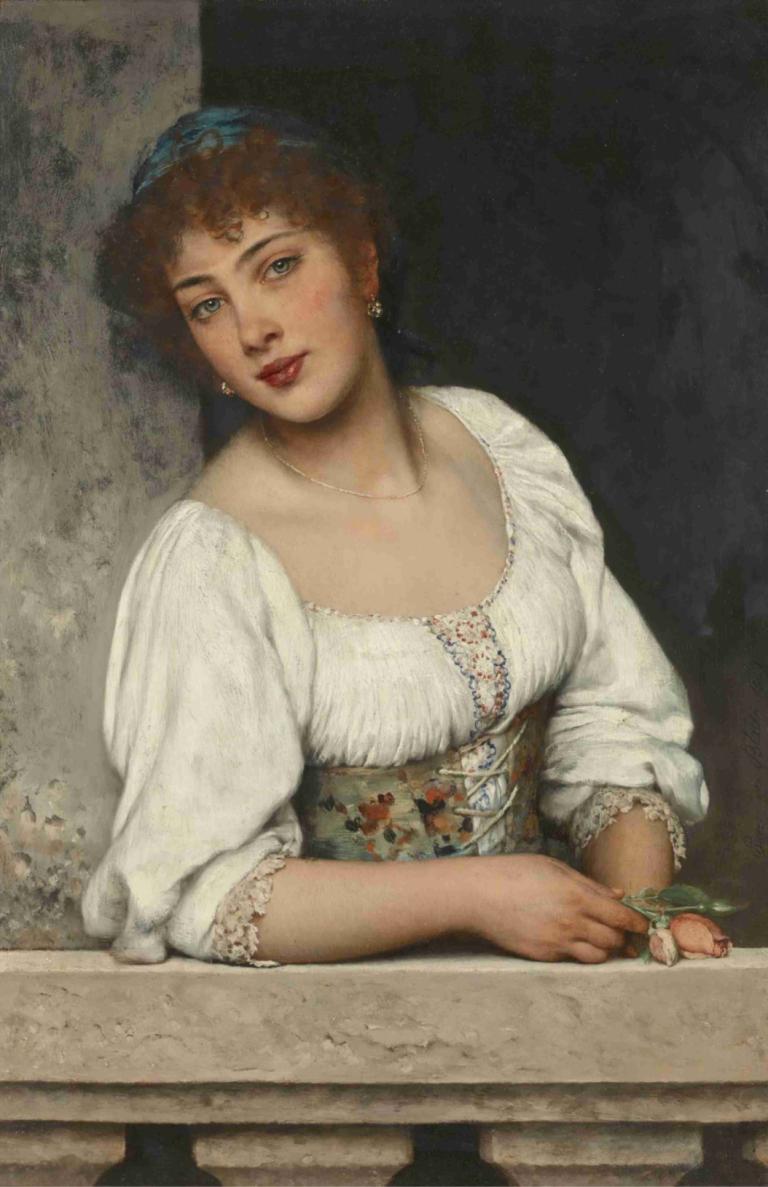 Girl at the Window,Eugen von Blaas,Oil Painting,Oil Painting, 1girl, solo, jewelry, earrings, necklace