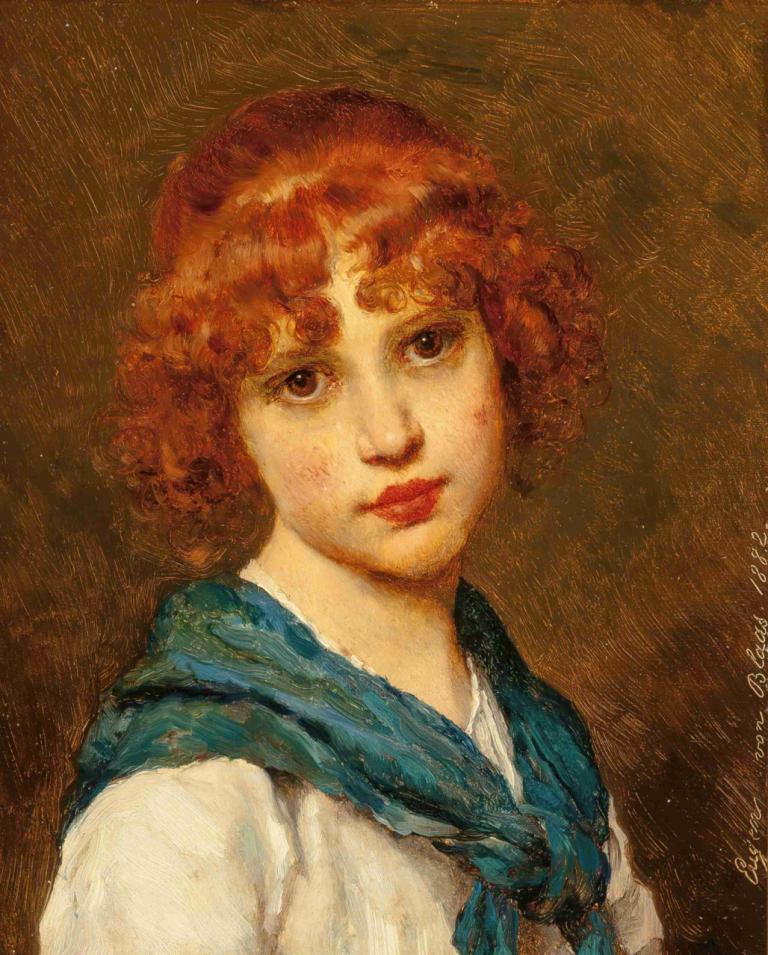 Girl with a blue scarf,Eugen von Blaas,Oil Painting,Oil Painting, 1girl, solo, traditional media