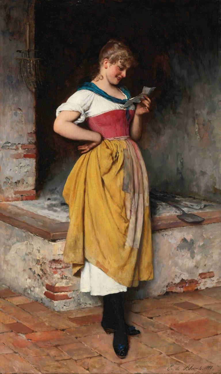 Good news,Eugen von Blaas,Oil Painting,Oil Painting, 1girl, solo, hand on hip, brown hair, holding, standing