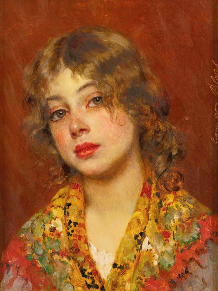 Gypsy Girl,Eugen von Blaas,Oil Painting,Oil Painting, 1girl, solo, brown hair, red lips, traditional media