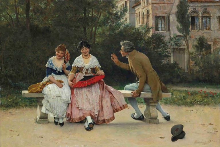 In the Park,V parku,Eugen von Blaas,Oljna slika,Oljna slika, na prostem, sedenje, drevo, starka, več deklet