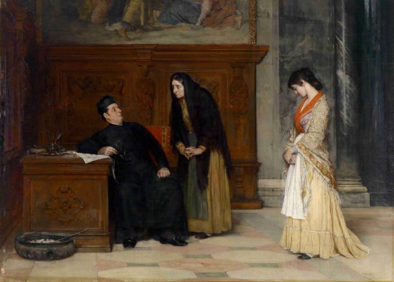 In the Sacristy,사크리스티에서,Eugen von Blaas,유겐 폰 블라스,오일 페인팅,오일 페인팅, 흑발, 좌석, 옷, 여자 1명, 여러 소년, 긴 머리, 그림(물체), 미술 패러디