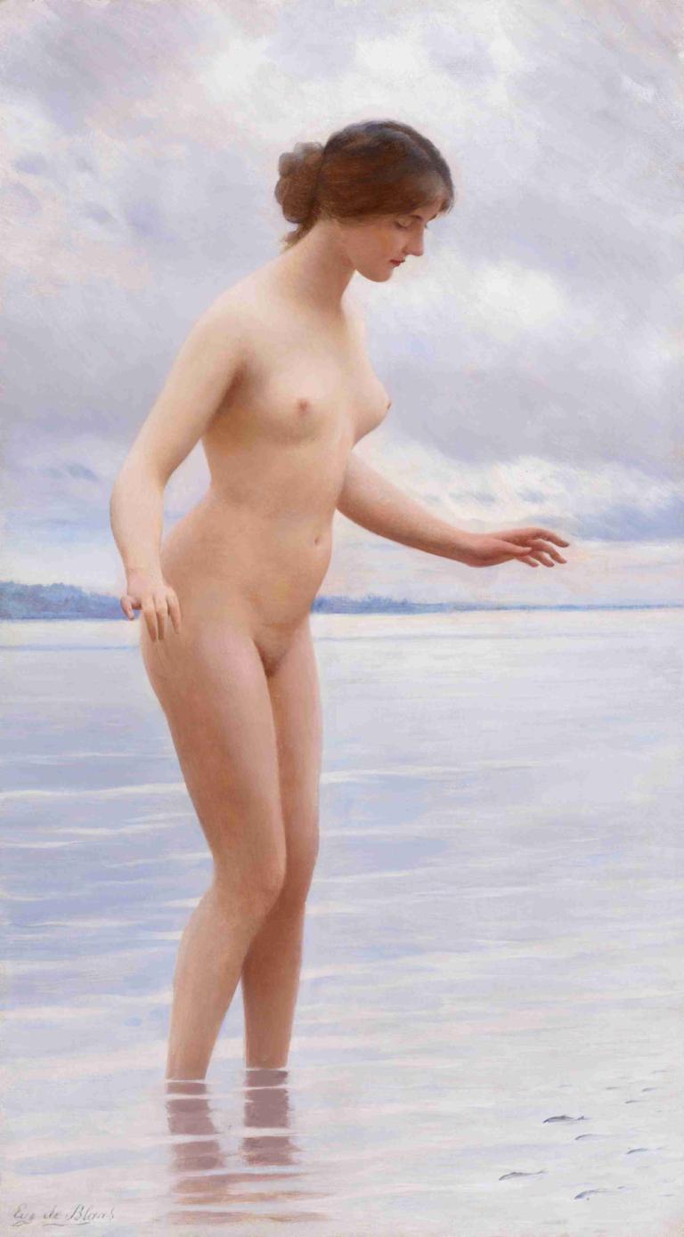 In the Water,Eugen von Blaas,Oil Painting,Oil Painting, 1girl, nipples, solo, nude, breasts, water