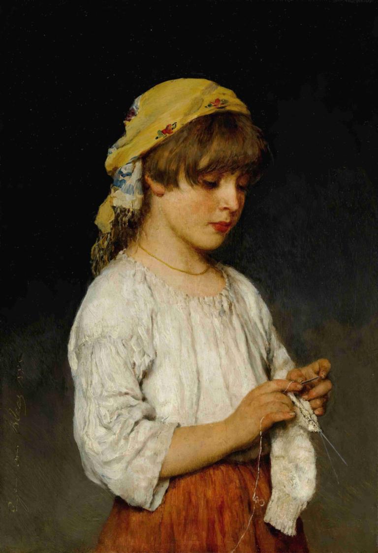 Knitting Girl With Headscarf,Eugen von Blaas,Oil Painting,Oil Painting, 1girl, solo, brown hair, jewelry