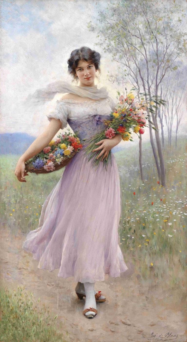 Mädchen in fliederfarbenem Kleid,Eugen von Blaas,Oil Painting,Oil Painting, 1girl, solo, flower, dress, tree