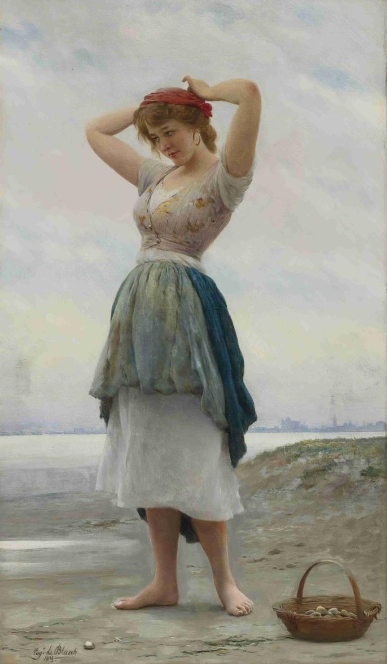 On the Beach,Eugen von Blaas,Oil Painting,Oil Painting, 1girl, solo, barefoot, outdoors, realistic, bandana