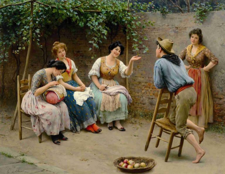 Plauderei,Eugen von Blaas,Peinture à l'huile,Peinture à l'huile, plusieurs filles, parodie des beaux-arts