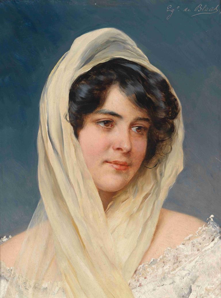 Portrait of a young lady with a veil,Portret de o tânără doamnă cu un voal,Eugen von Blaas,Pictura in ulei