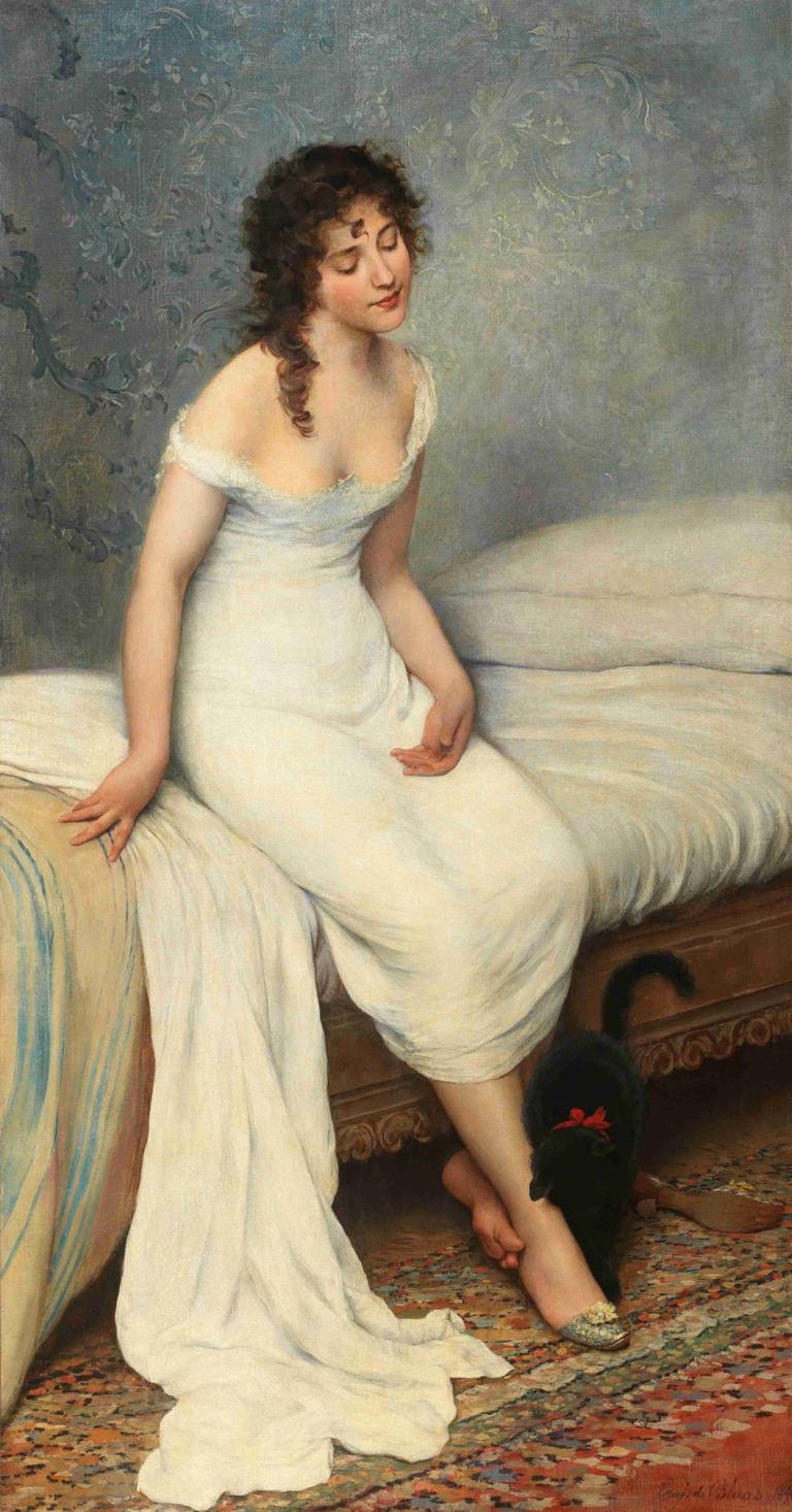 The Awakening,Eugen von Blaas,Oil Painting,Oil Painting, 1girl, cat, dress, barefoot, realistic, bed, sitting