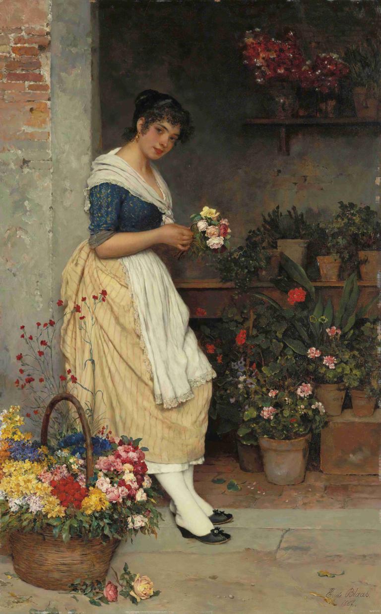 The Fairest Rose,Die schönste Rose,Eugen von Blaas,Ölgemälde,Ölgemälde, 1Mädchen, Blume, Solo