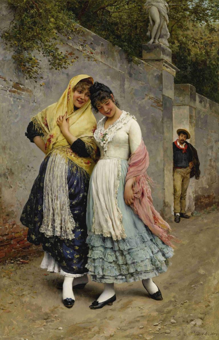 The Flirtation,Tán tỉnh.,Eugen von Blaas,Eugene Von Bras.,Tranh sơn dầu,Tranh sơn dầu, giày dép màu đen