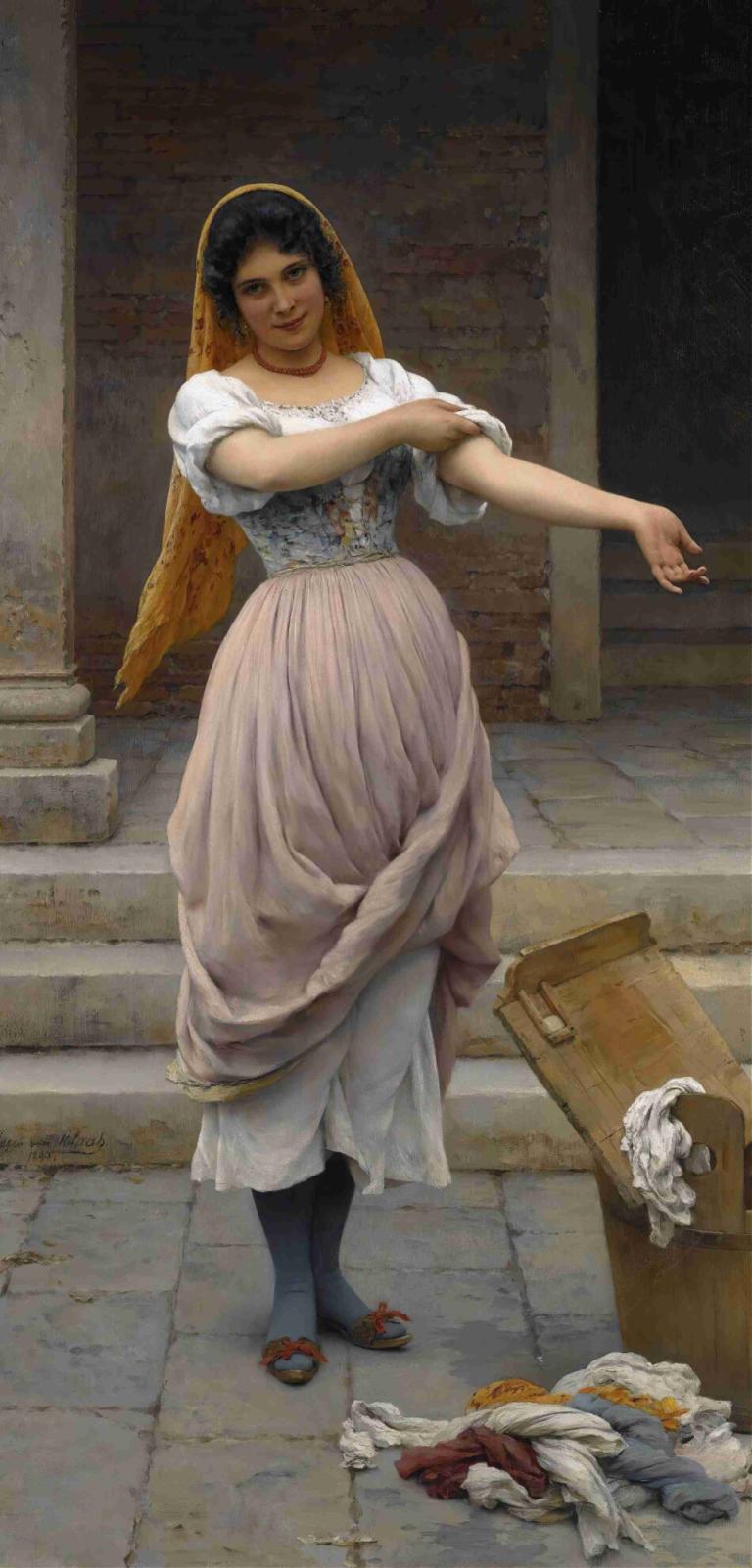 The Laundress,La lavandera,Eugen von Blaas,Pintura al óleo,Pintura al óleo, 1 chica, solo, pelo negro