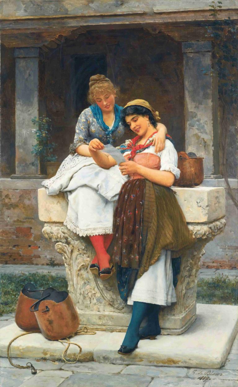 The Love Letter,Der Liebesbrief,Eugen von Blaas,Ölgemälde,Ölgemälde, mehrere Mädchen, 2 Mädchen, langer Rock