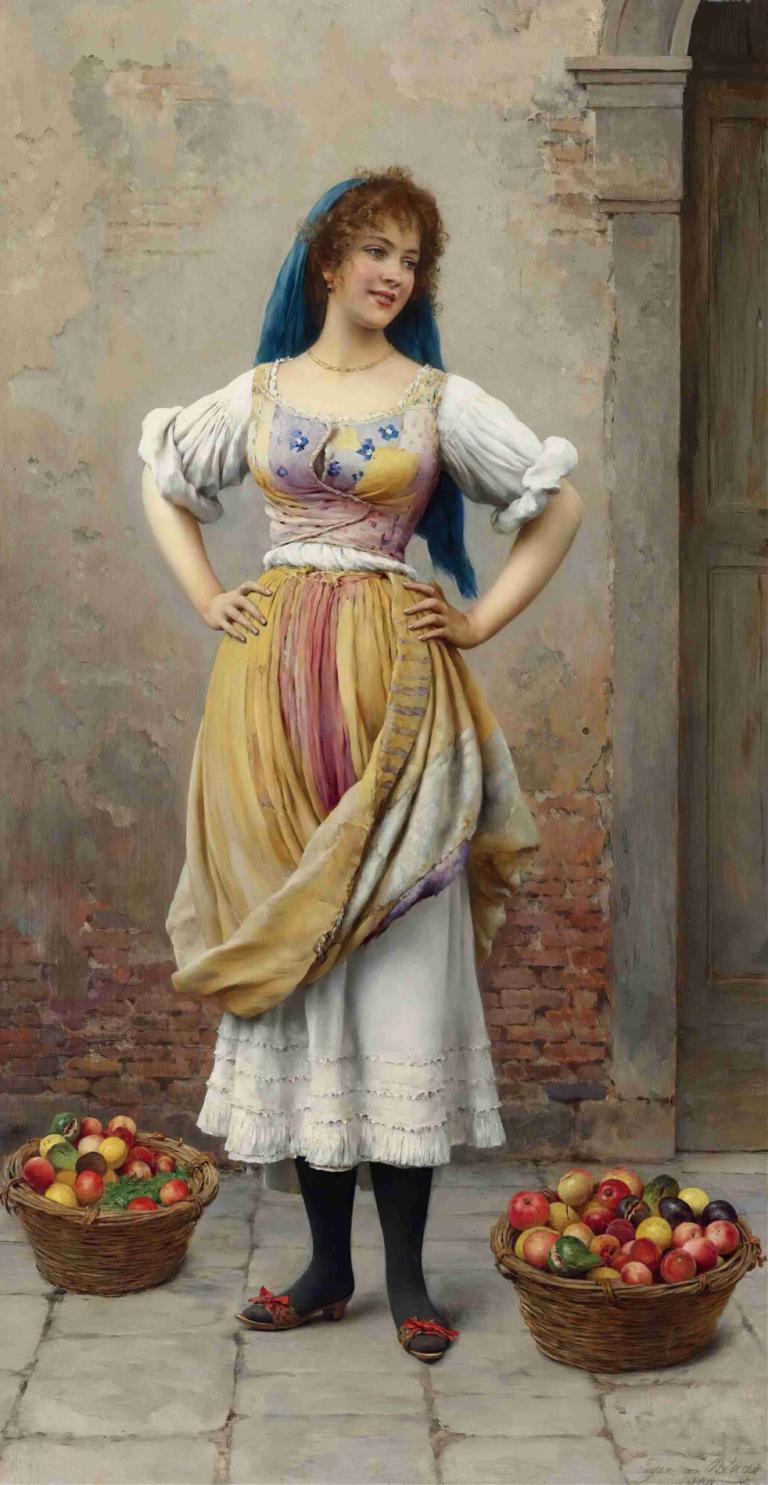 The Market Girl,Eugen von Blaas,Oil Painting,Oil Painting, 1girl, solo, hands on hips, brown hair, dress