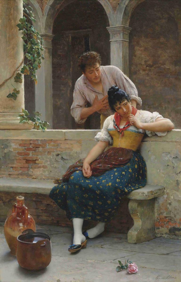 The Proposal,La proposta,Eugen von Blaas,Pittura ad olio,Pittura ad olio, fiore, Parodia delle belle arti