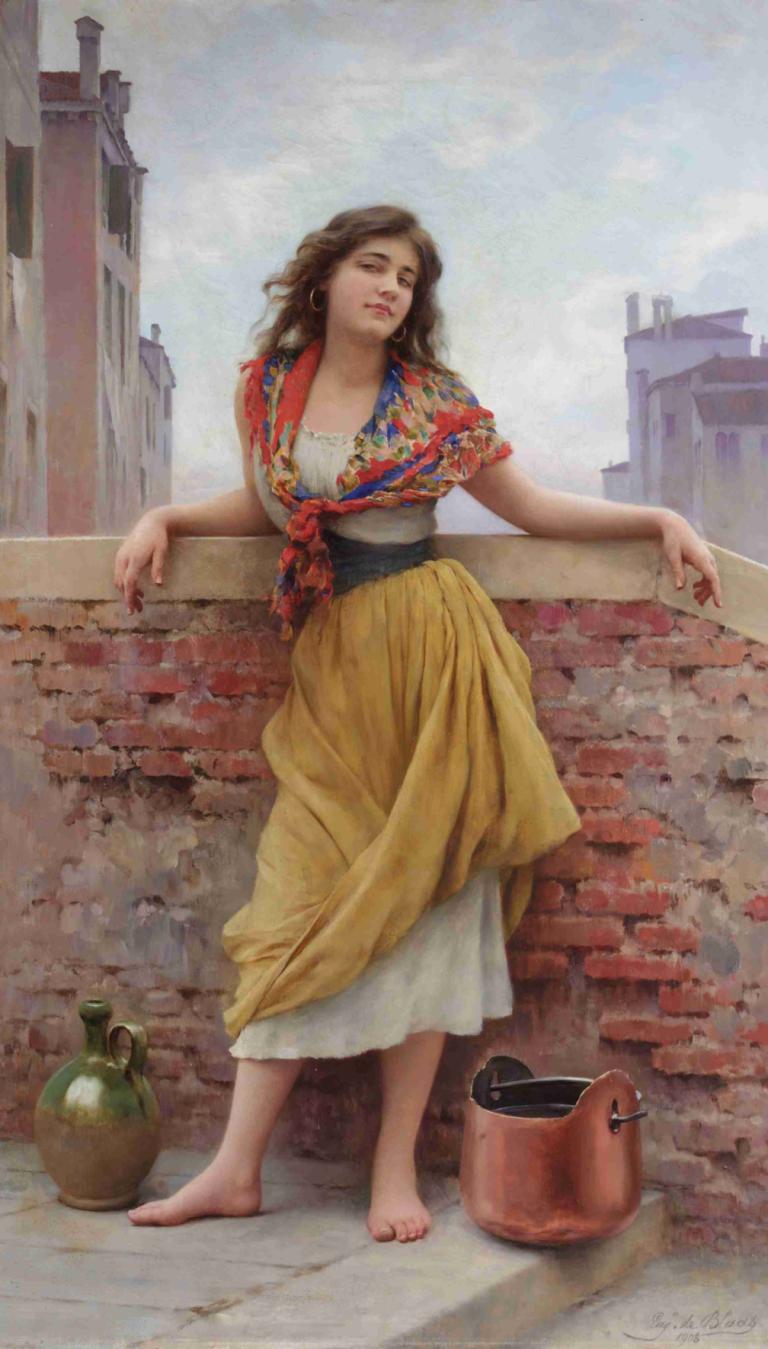 The Watercarrier,Eugen von Blaas,Oil Painting,Oil Painting, 1girl, barefoot, solo, brown hair, long hair