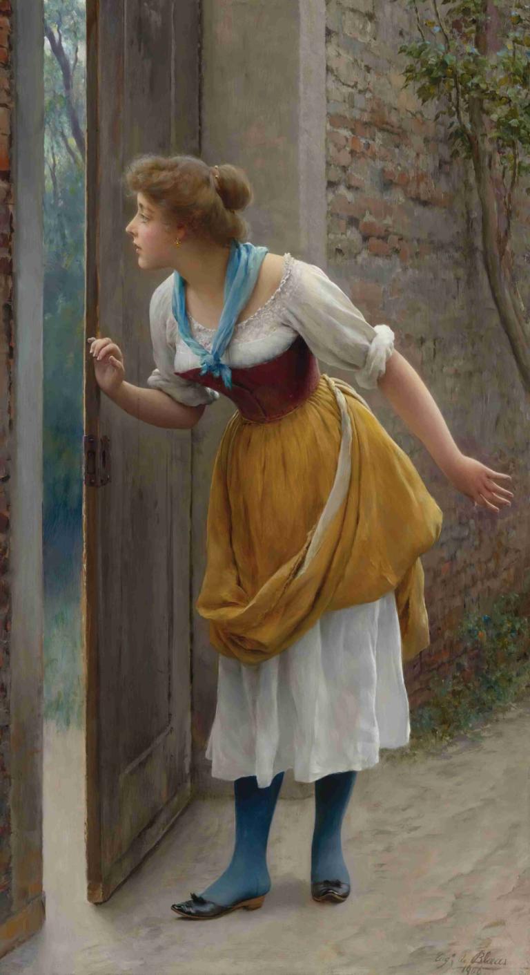 The eavesdropper,Eugen von Blaas,Oil Painting,Oil Painting, 1girl, solo, sandals, brown hair, leaning forward