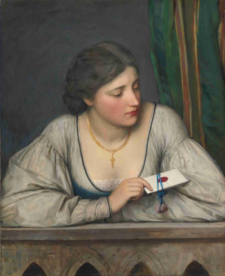 The love letter,Der Liebesbrief,Eugen von Blaas,Ölgemälde,Ölgemälde, 1Mädchen, Schmuck, Halskette, kreuzen