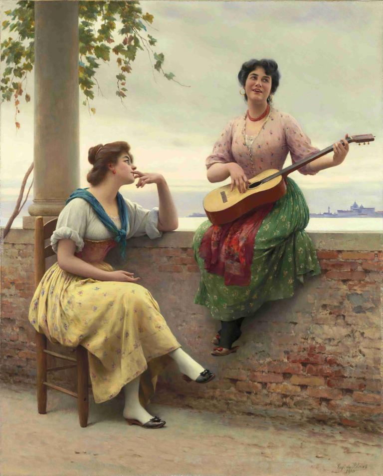 Venetian Melody,Melodía veneciana,Eugen von Blaas,Pintura al óleo,Pintura al óleo, varias chicas, instrumento