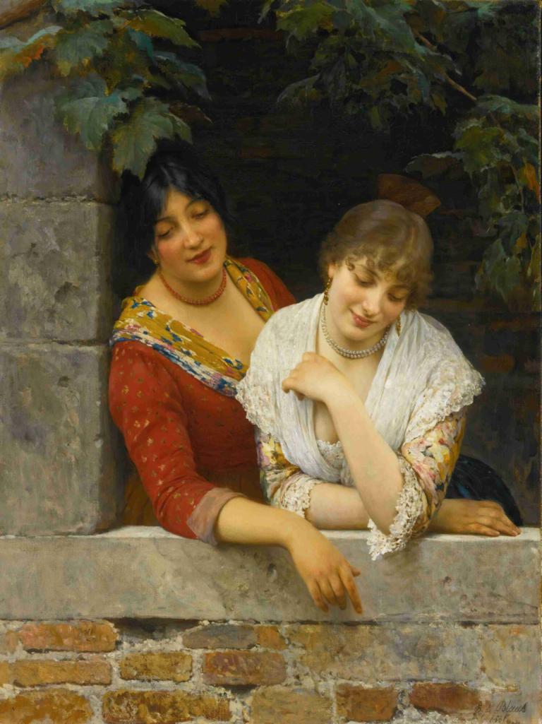 Venetians At The Balcony,Eugen von Blaas,Oil Painting,Oil Painting, 2girls, multiple girls, black hair