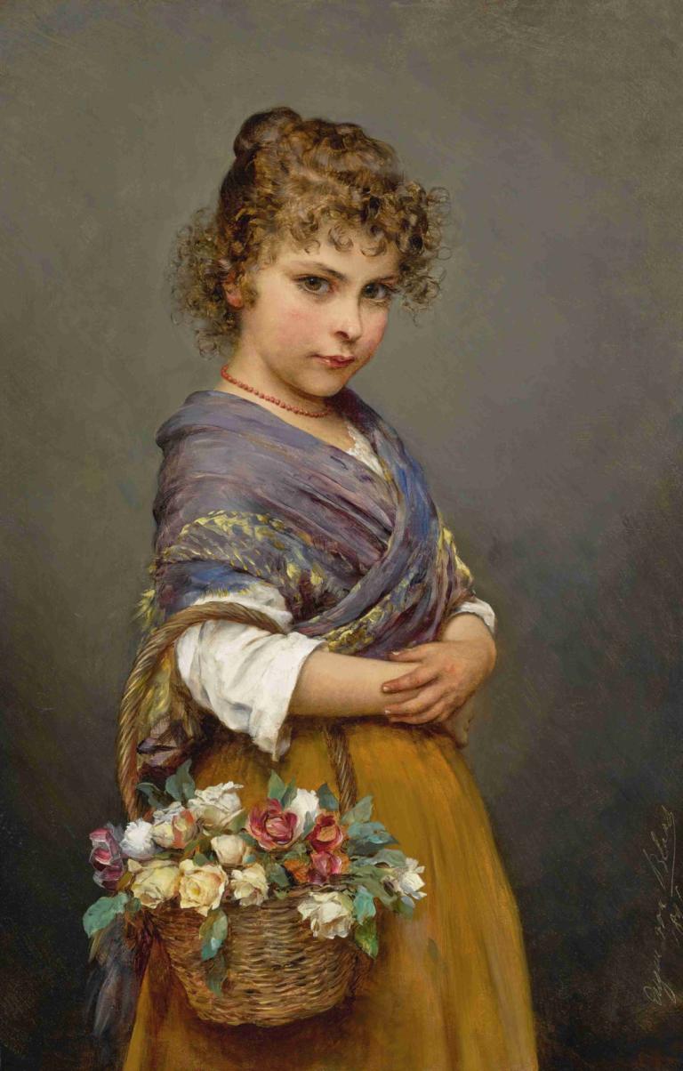 Young Girl With A Basket Of Flowers,Eugen von Blaas,Oil Painting,Oil Painting, 1girl, solo, flower, basket