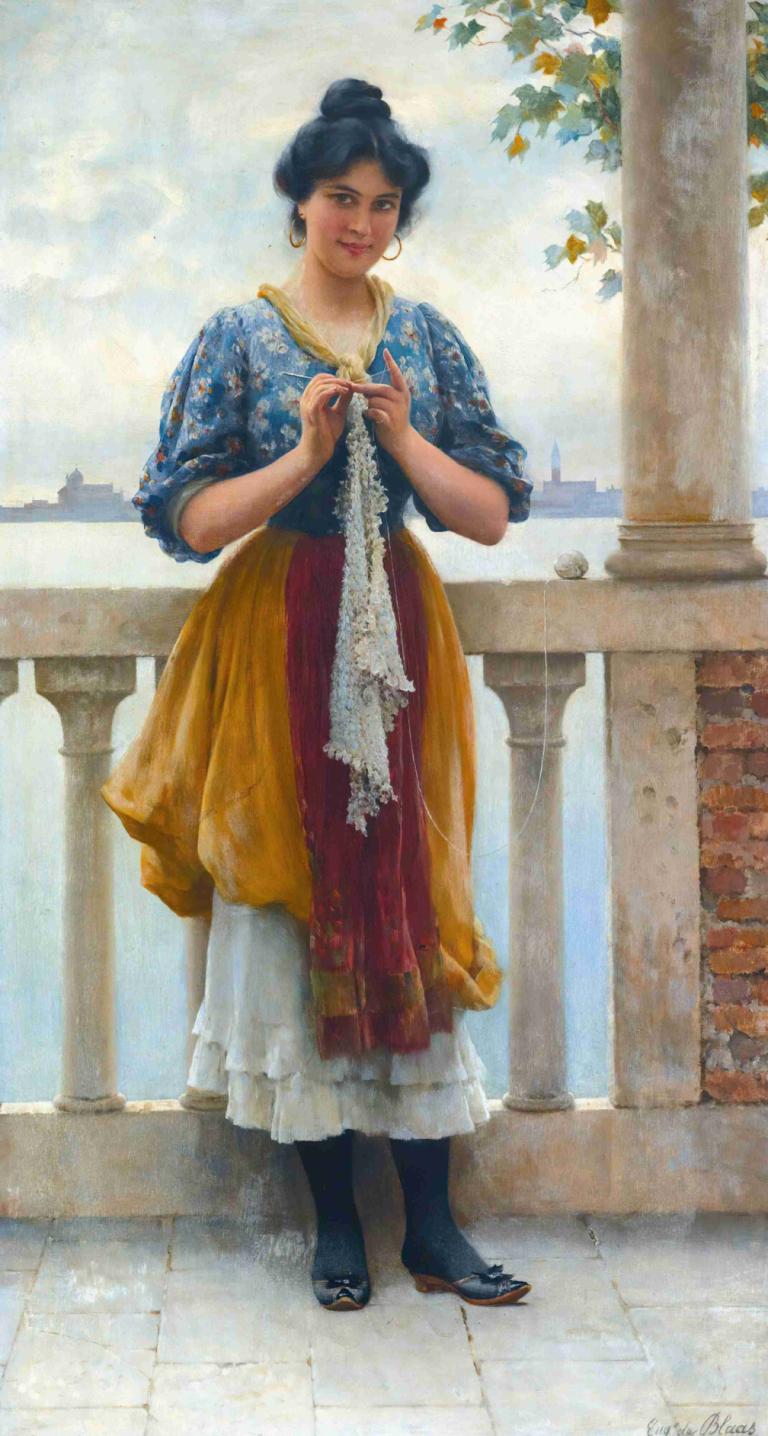 Young Girl Before The Lagoon, Venice,Joven ante la laguna de Venecia,Eugen von Blaas,Pintura al óleo