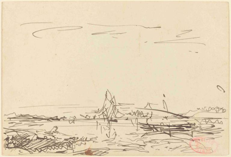 A Cove with a Sailboat,Félix Ziem,Sketch,Sketch, monochrome, no humans, sketch, watercraft, water, ocean, sky