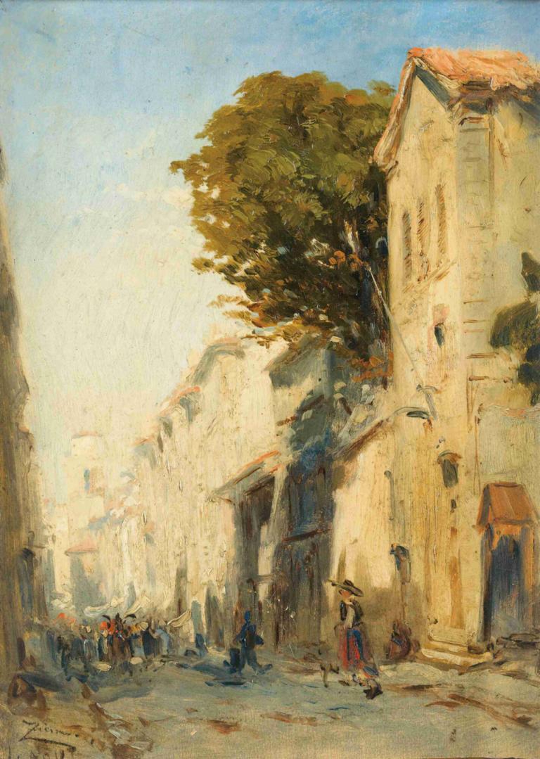 A street in Martigues,Félix Ziem,Oil Painting,Oil Painting, outdoors, tree, traditional media, building